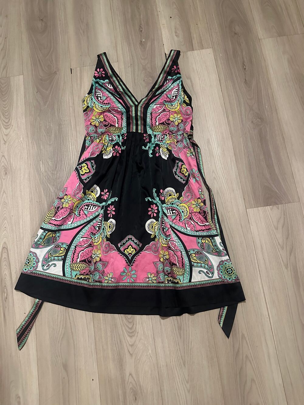 Vintage Y2K ICE Paisley Floral Empire Waist Dress Size 4 Pink Teal Plunge Boho